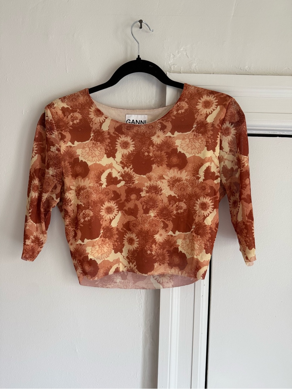 Ganni Rust and Cream Floral Mesh Crop Top